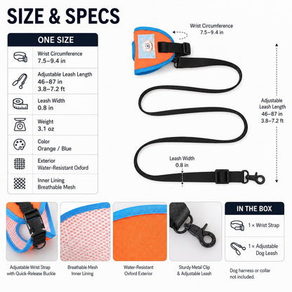 Ortekor Hands-Free Wrist Dog Leash for Daily Walks – Adjustable 3.8–7.2 ft Lead with Breathable Wrist Strap to Keep Your Hands Free
