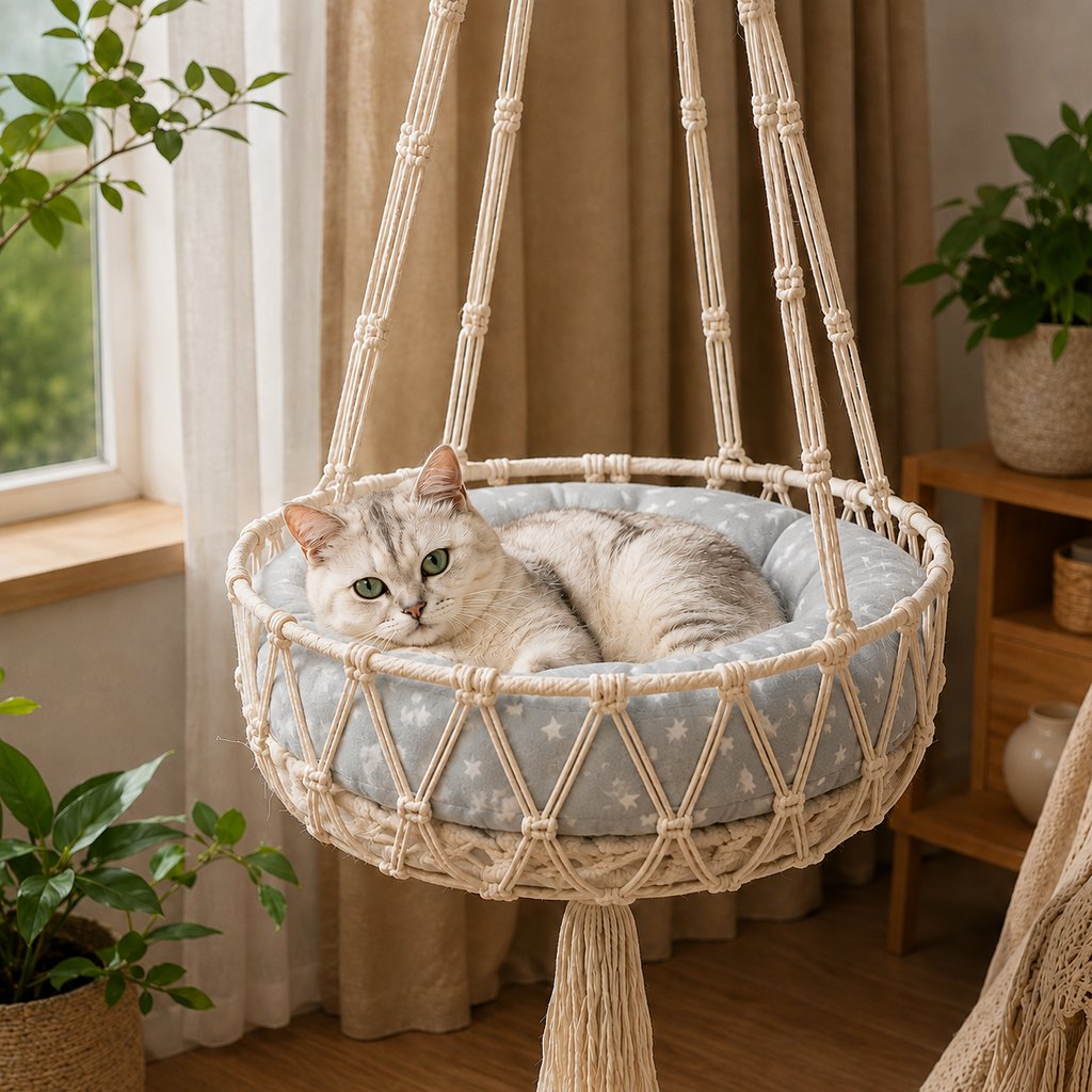 Ortekor Macrame Hanging Cat Hammock Bed with Cushion - Space-Saving Indoor Cat Swing for Small Apartments