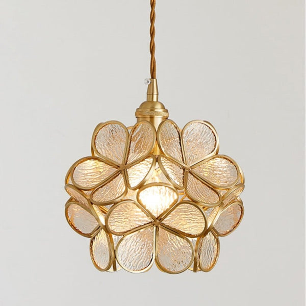 Floral Glass Hanging Light Fixture with Adjustable 59-Inch Cord E27 Socket Gold Brass Frame for Kitchen Table Bedroom Living Room Vintage-St