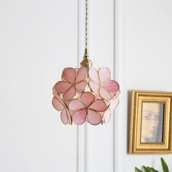 Floral Glass Hanging Light Fixture with Adjustable 59-Inch Cord E27 Socket Gold Brass Frame for Kitchen Table Bedroom Living Room Vintage-St