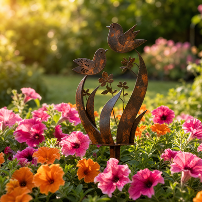 Metal Bird Silhouette Garden Stake with Wildflowers for Flower Beds and Planters Outdoor Yard Art Decoration