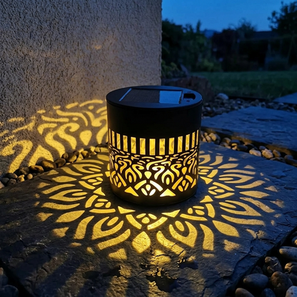 Solar-Powered Decorative Iron Light with Mandala Shadow Projection for Outdoor Walls, Patios, Gardens & Fences — Automatic Dusk Sensor, Weat