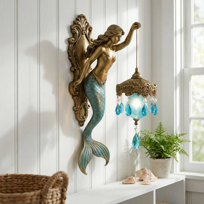 Sculptural Mermaid Sconce with Hanging Crystal Drops and Glass Shade for Bedrooms, Living Rooms & Hallways