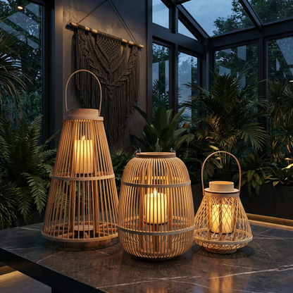 Lanterne tressée à piles avec bougie LED sans flamme pour terrasse, jardin, table, décoration suspendue, éclairage d'appoint sans fil intérieur et extérieur