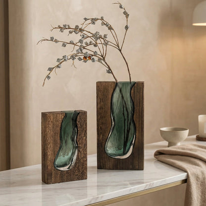 Crystal Glass Flower Vase with Organic Wood-Style Edge for Dining Room & Console Tables | Rustic Sculptural Accent