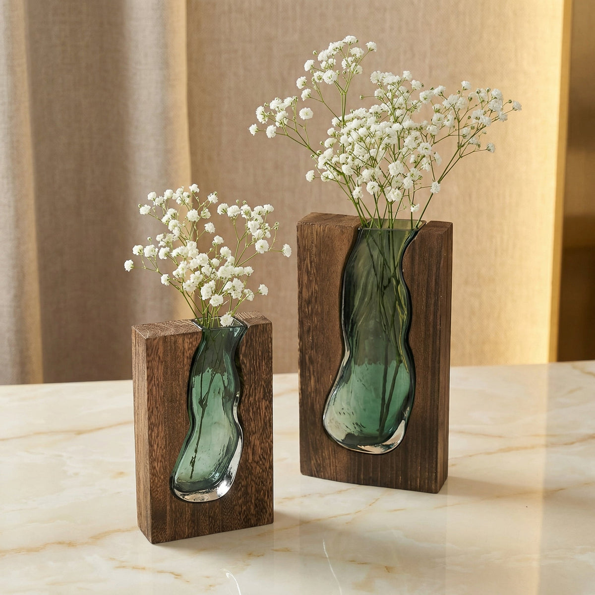 Glass Tube Vase with Natural Wood Base Holder for Fresh Flowers & Dried Stems | Scandinavian Modern Tabletop Centerpiece Decor for Living Ro