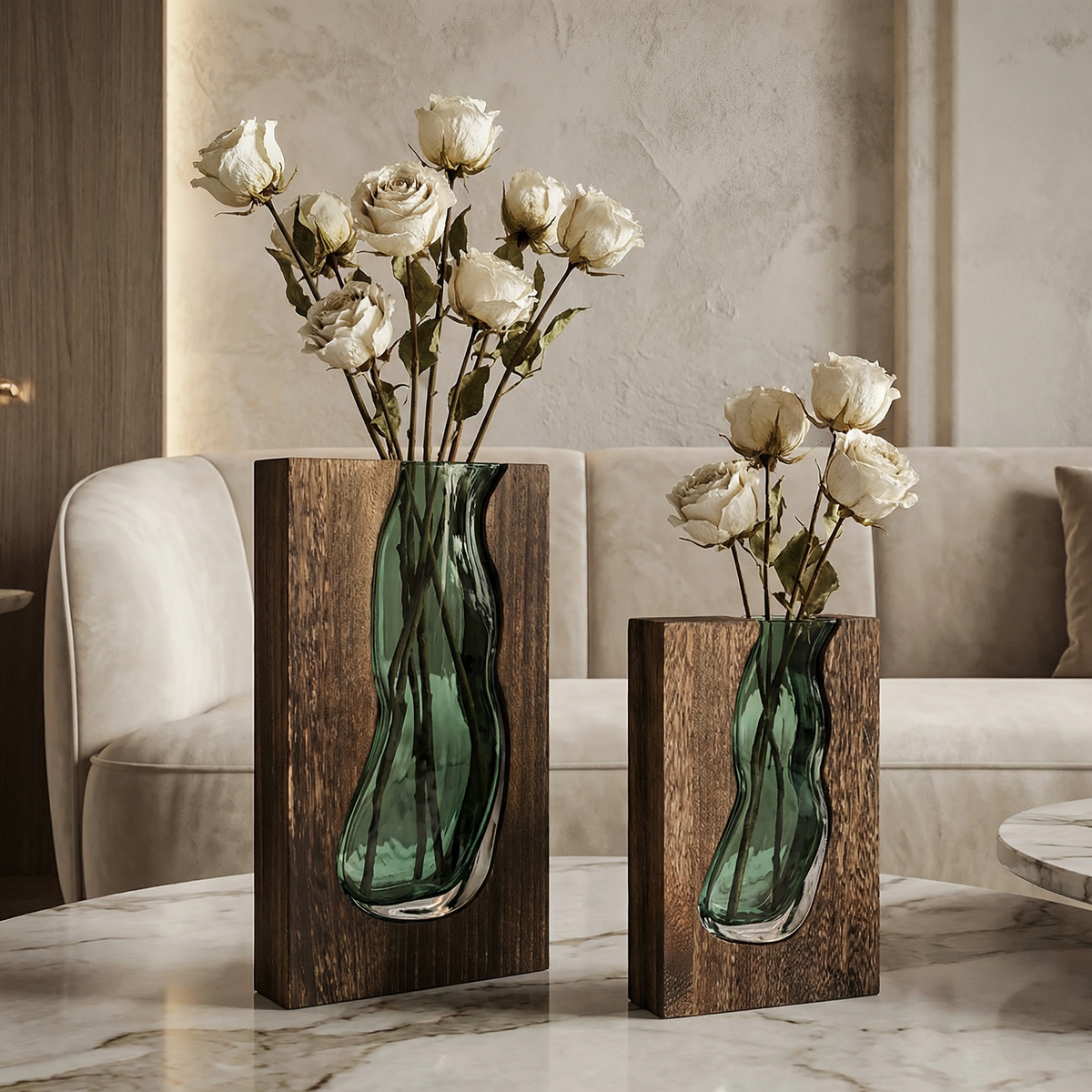 Glass Tube Vase with Natural Wood Base Holder for Fresh Flowers & Dried Stems | Scandinavian Modern Tabletop Centerpiece Decor for Living Ro