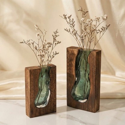 Glass Tube Vase with Natural Wood Base Holder for Fresh Flowers & Dried Stems | Scandinavian Modern Tabletop Centerpiece Decor for Living Ro