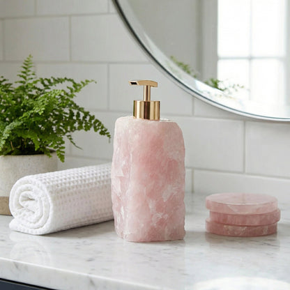 Natural Gemstone Liquid Soap Pump for Bathroom Vanity Countertop Decor Rose Quartz White Crystal Handcrafted Stone Dispenser for Kitchen Sin