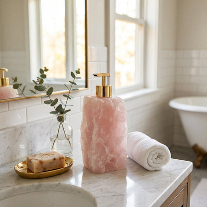 Natural Gemstone Liquid Soap Pump for Bathroom Vanity Countertop Decor Rose Quartz White Crystal Handcrafted Stone Dispenser for Kitchen Sin