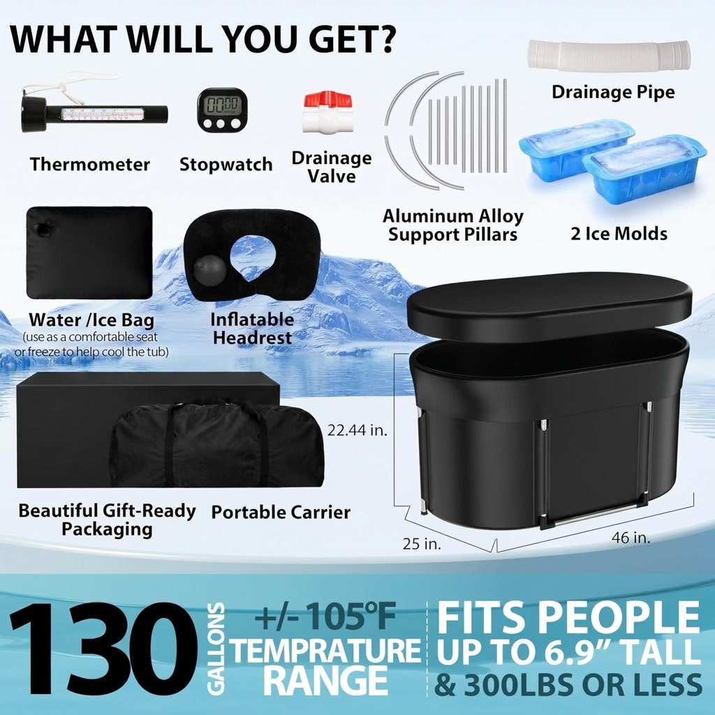 Large Oval Cold Plunge Tub Set with Timer, Thermometer, and Ice Molds