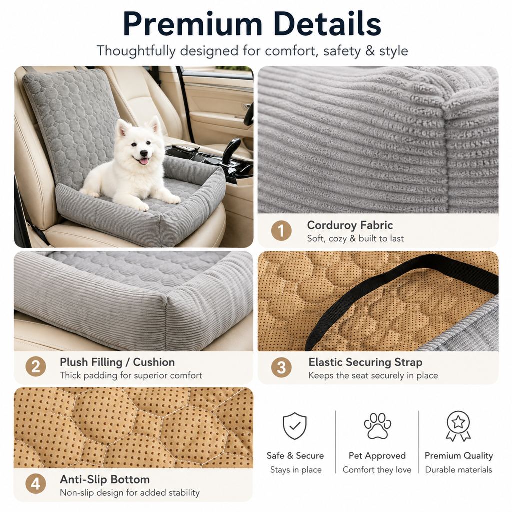 Ortekor High Back Corduroy Pet Car Seat Bed for Dogs & Cats - Cozy Travel Booster Seat with Soft Bolster Support for Comfortable Car Rides & Road Trips
