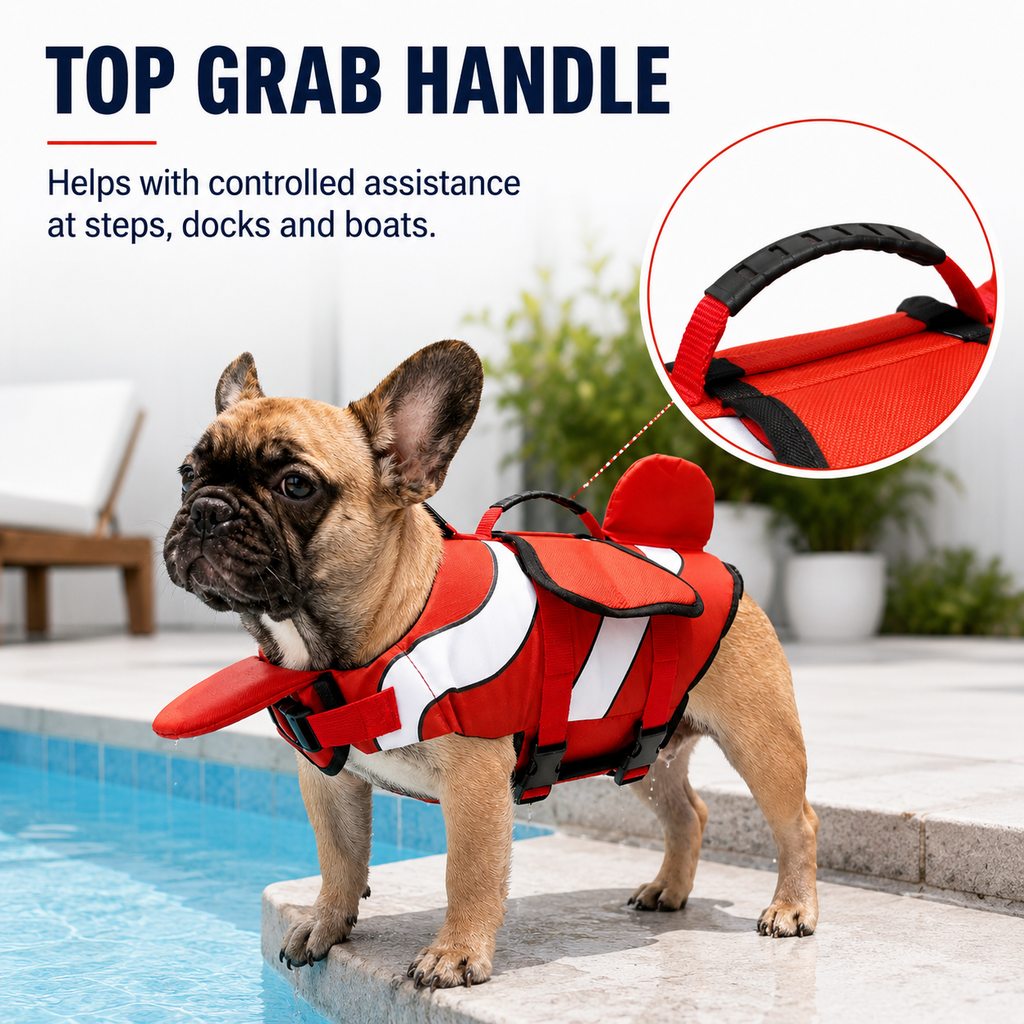 Ortekor French Bulldog Life Jacket for Pool, Beach & Boating - Adjustable Flotation Vest with Chin Support & Grab Handle