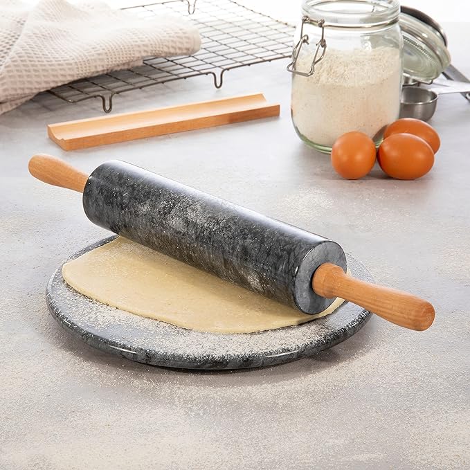 Marble-Effect Dough Roller with Wooden Handles 19 Inches Black for Pizza Pastry Cookies Bread Baking Kitchen Tool Comfortable Grip Even Roll