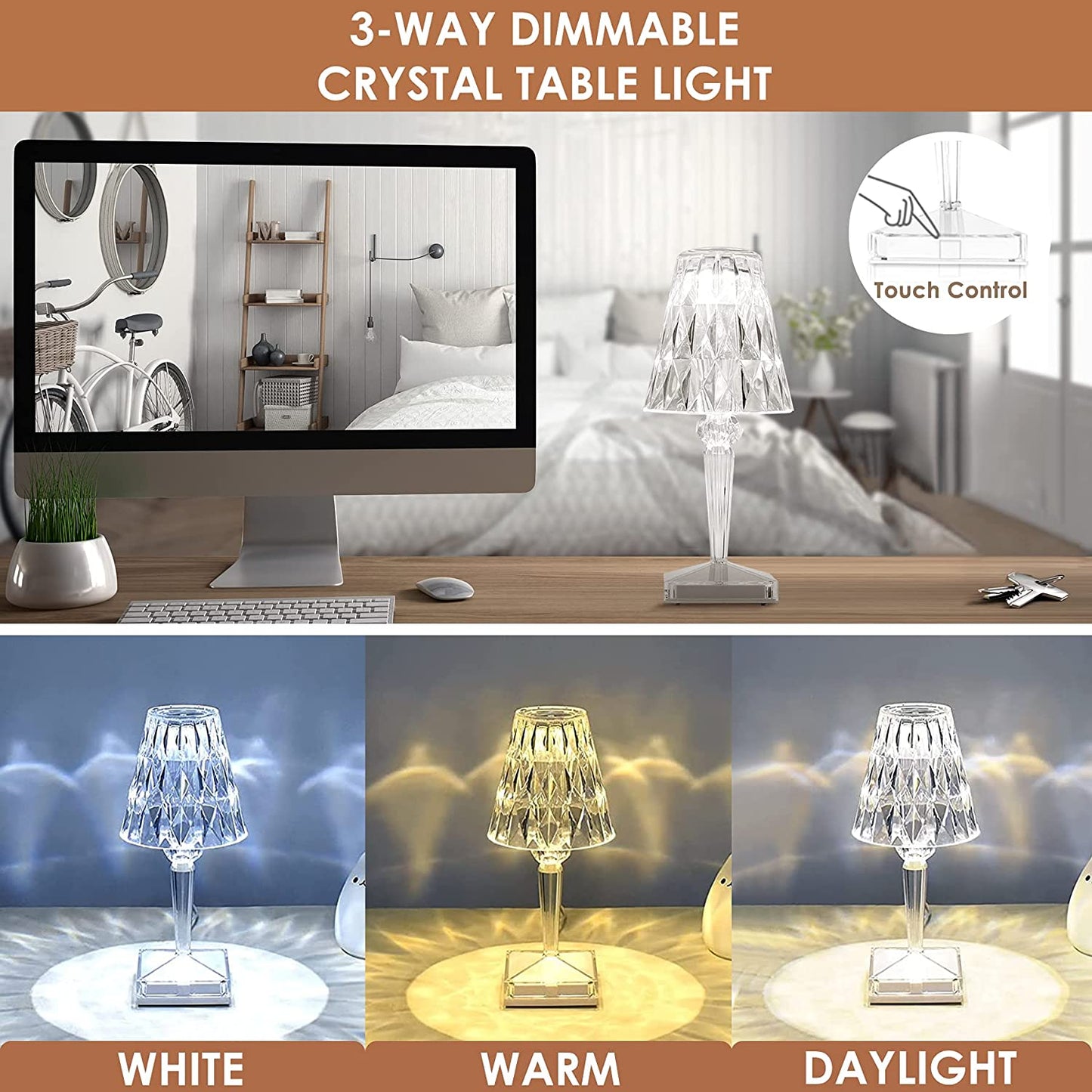 Lampe de bureau LED de luxe en cristal au design étincelant
