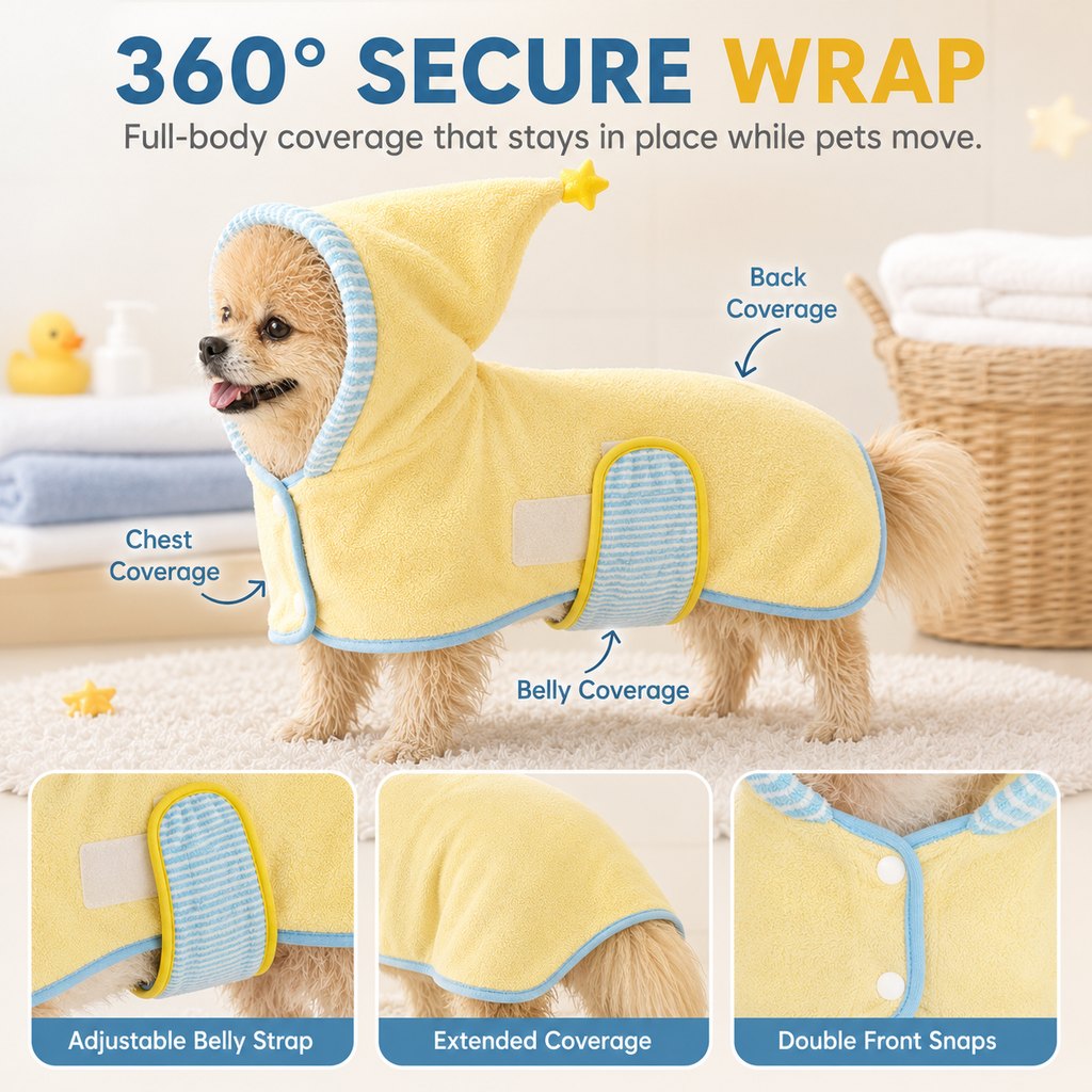 Ortekor Hooded Pet Drying Robe for Dogs & Cats - Fast Absorbent Wearable Towel for Bath, Rain & Swim to Keep Pets Dry, Warm & Home Clean