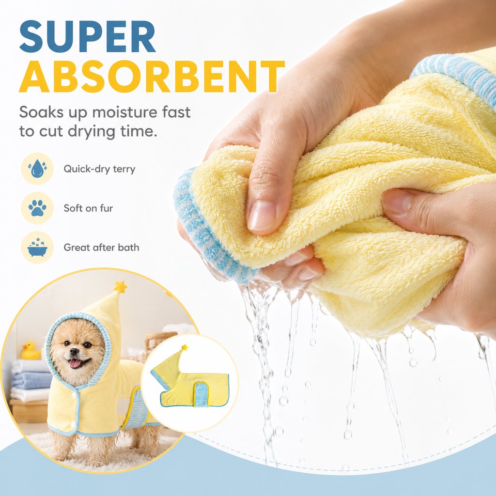 Ortekor Hooded Pet Drying Robe for Dogs & Cats - Fast Absorbent Wearable Towel for Bath, Rain & Swim to Keep Pets Dry, Warm & Home Clean