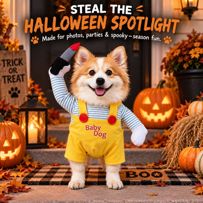Ortekor Funny Horror Doll Dog Halloween Costume with Faux Knife - 3D Party & Photo Outfit for an Instant Spooky Look
