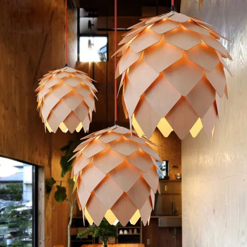 Oak Wood Pendant Light with Crystal Accents and Adjustable Cord for Dining Room, Bar, Living Room