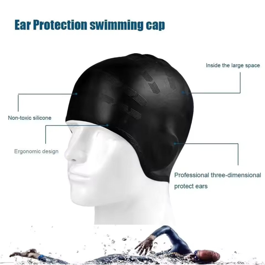 Silicone Swim Cap with Ear Coverage for Pool Training, Long Hair Protection, Chlorine Defense, Men Women Adults, Non-Slip Waterproof