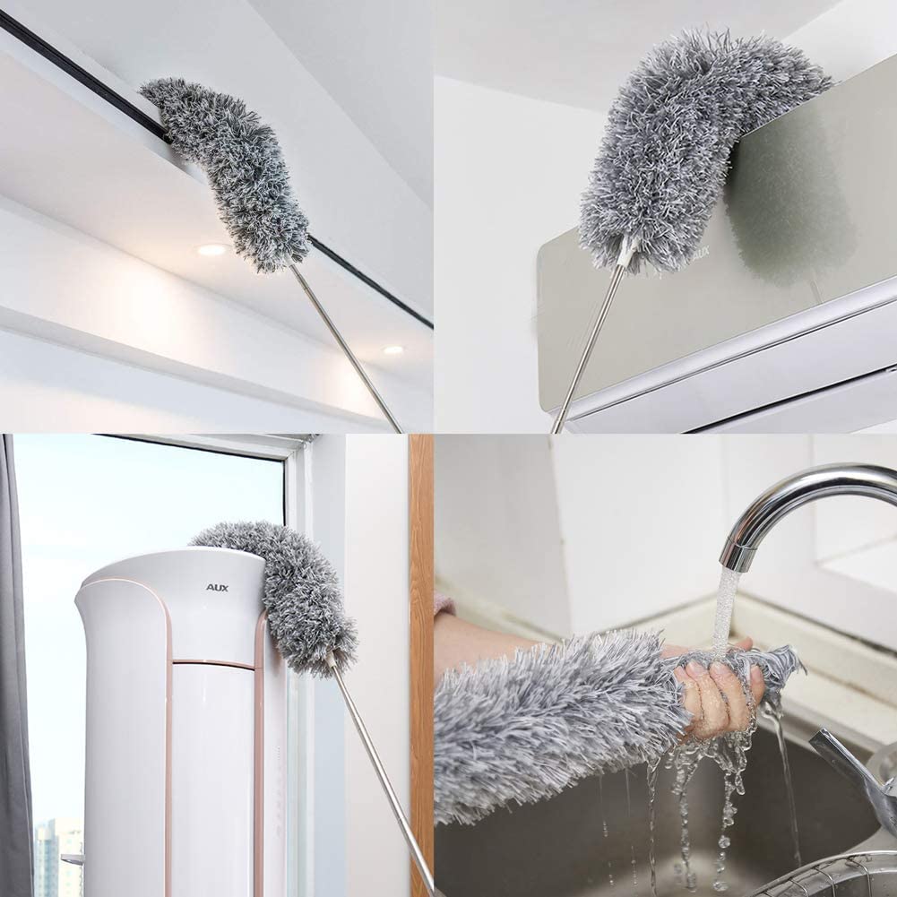 Extendable Microfiber Duster with Bendable Head 34–110 Inches for High Ceilings Fans Cobwebs Washable Lightweight Gray Pole Household Indoor
