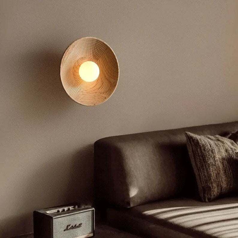 Sconce Light with Glass Globe and Wood Base for Bedrooms, Hallways, Living Rooms – 10.6 in Round Ambient Fixture – Scandinavian Minimalist J