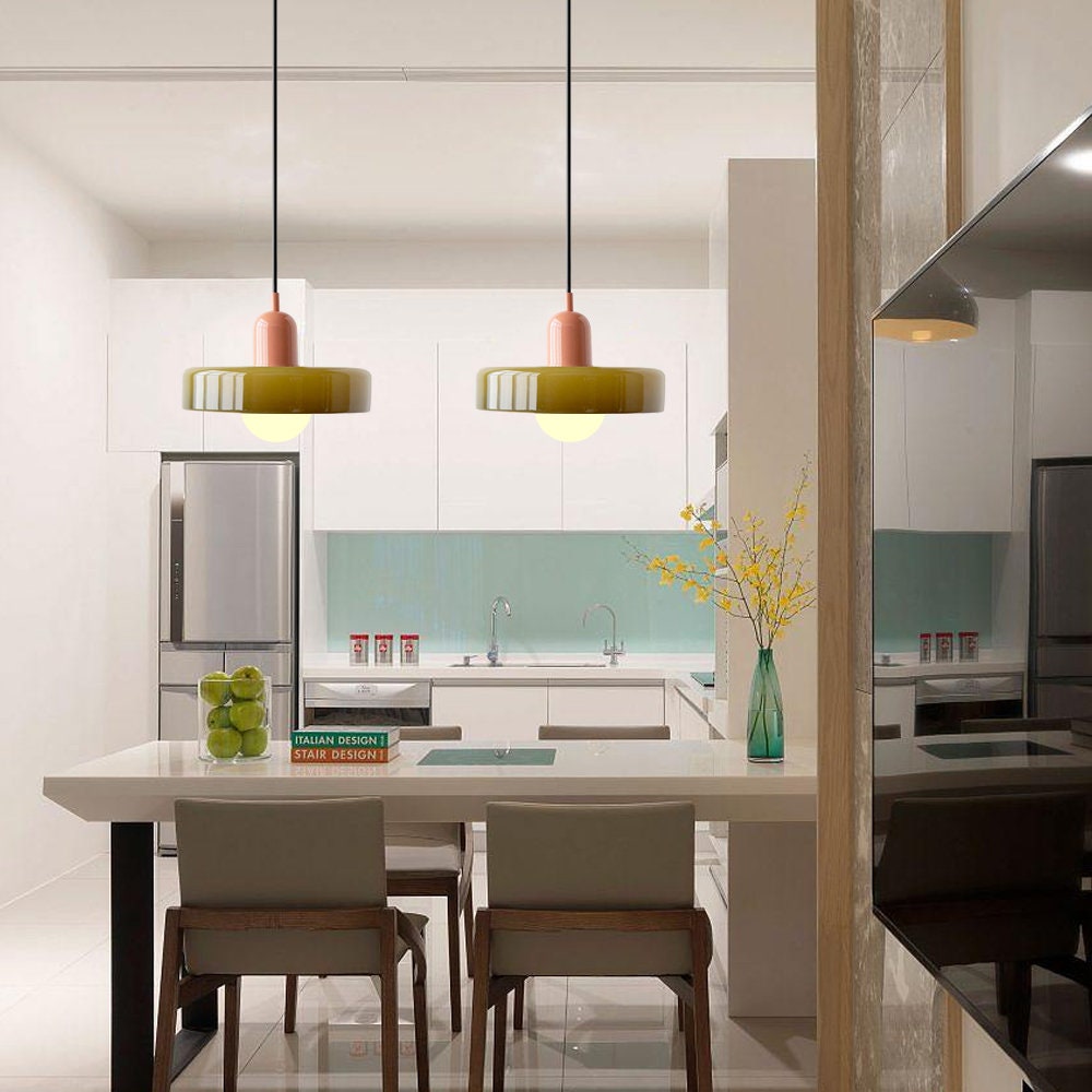Handcrafted Art Glass Dome Pendant Light, Adjustable Modern Hanging Fixture for Dining Room Kitchen Island Living Room