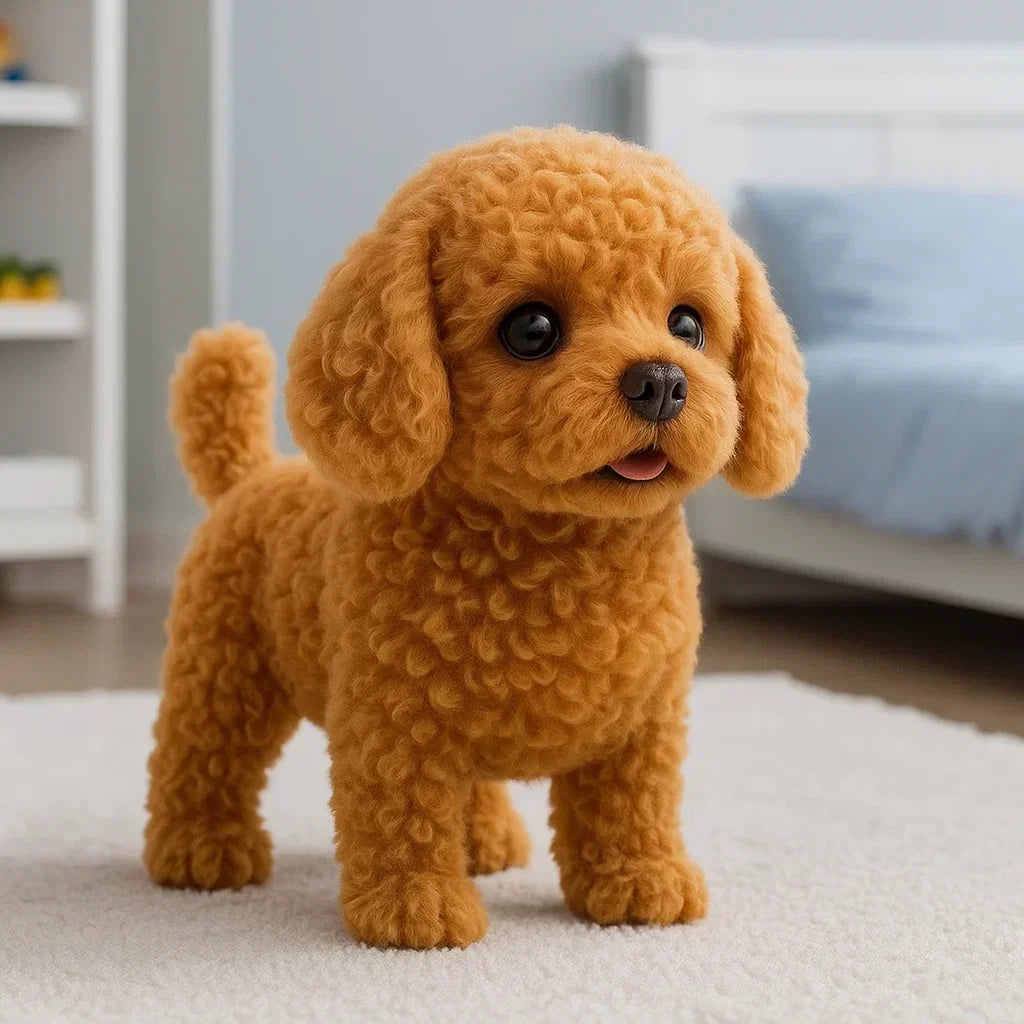 Plush Electronic Puppy Toy with Motion Sensors and Bark Sounds for Kids Bedroom Play White Brown Realistic Walking Pet Alternative Gift for