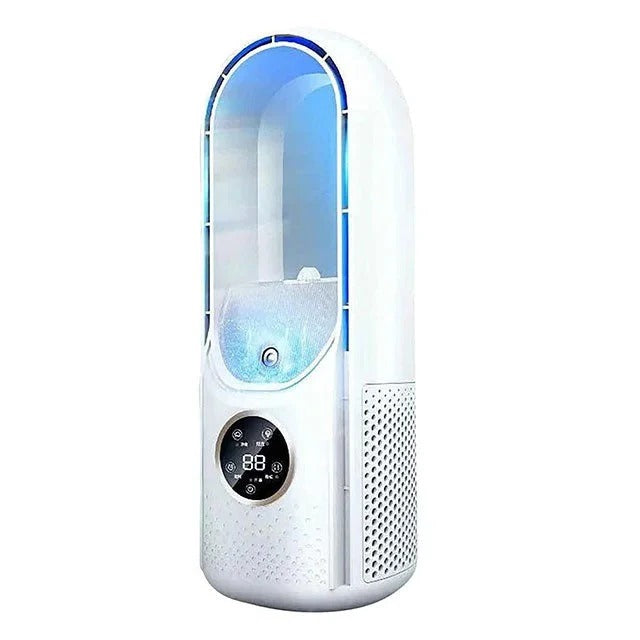 Whisper-Quiet Desktop Cooler Fan Bladeless Tabletop Air Circulator White Blue for Office Bedroom Study Room Summer Cooling Compact Portable