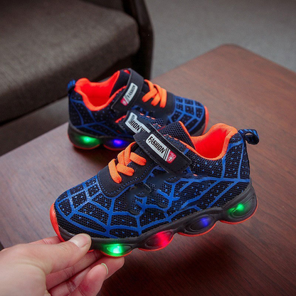 Light-Up Kids Sneakers with LED Soles – Hero-Themed Athletic Shoes for Boys & Girls, Hook-and-Loop Closure, Multi-Color Flashing Lights