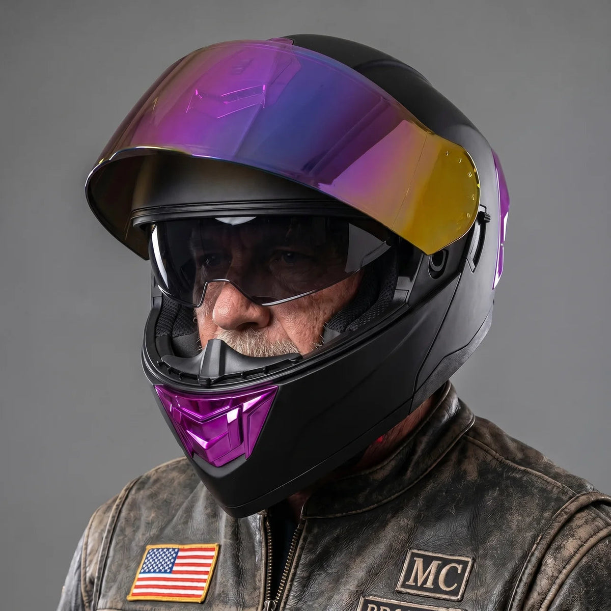 Casque modulable | Design violet irisé avec mentonnière relevable | Sécurité élégante pour vos trajets quotidiens