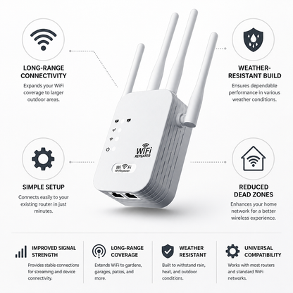 Répétiteur WiFi extérieur | Connectivité longue portée et conception résistante aux intempéries | Idéal pour le streaming dans les jardins et sur les terrasses