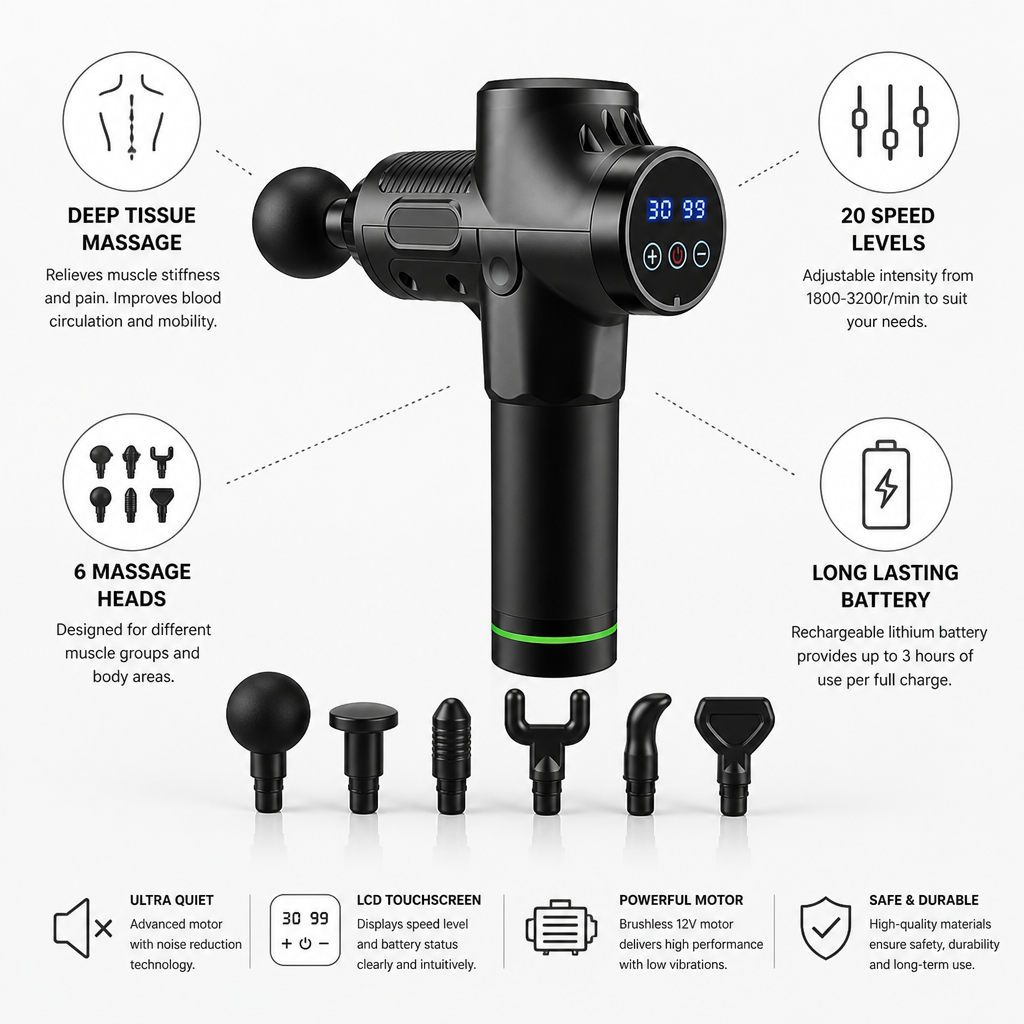20-Speed Deep-Tissue Percussion Massage Gun (6 Interchangeable Heads)