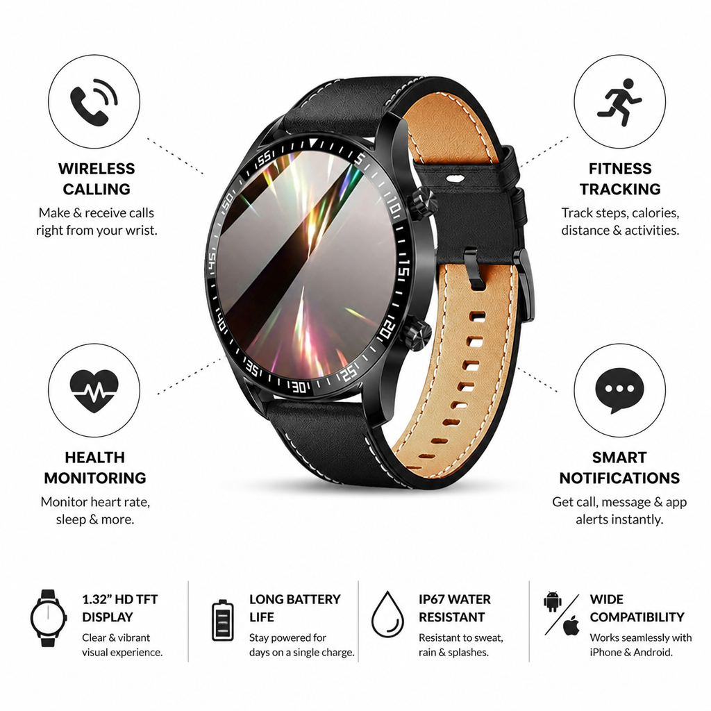 Montre connectée avec appels sans fil et podomètre (iPhone et Android)