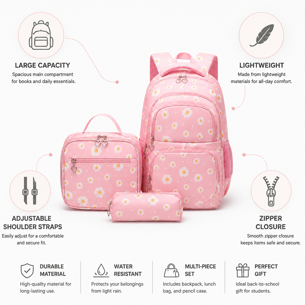 Lightweight Large-Capacity Daisy Backpack (Set of 3)