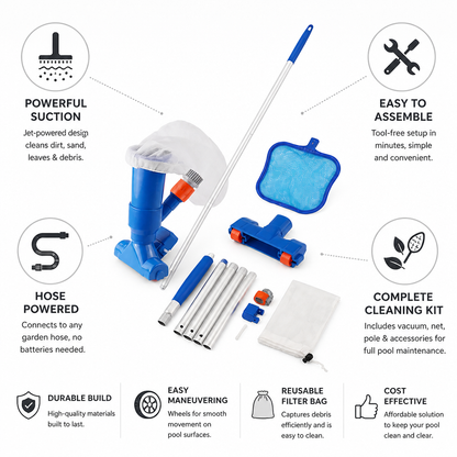 Hose-Powered Venturi Pool Vacuum (5-Section Pole & Mesh Bag)