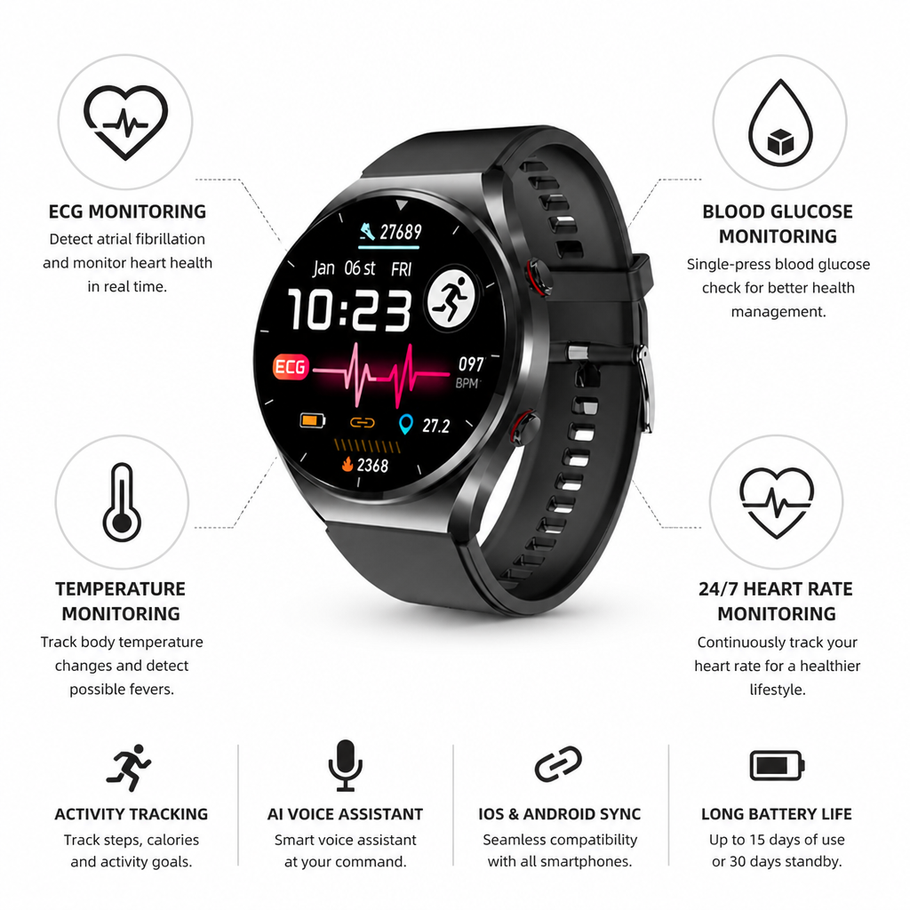 Montre intelligente de santé avec ECG, détection de la FA et autonomie de 15 jours sans mesure de la glycémie