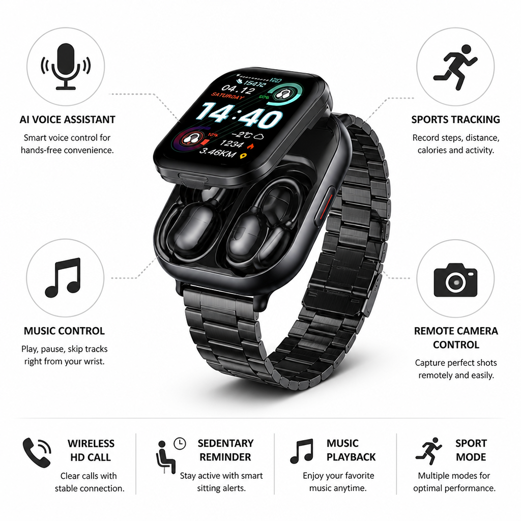 Montre connectée à écran tactile HD avec écouteurs sans fil intégrés
