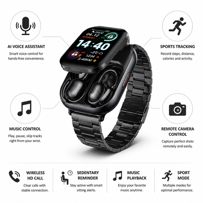Montre connectée à écran tactile HD avec écouteurs sans fil intégrés