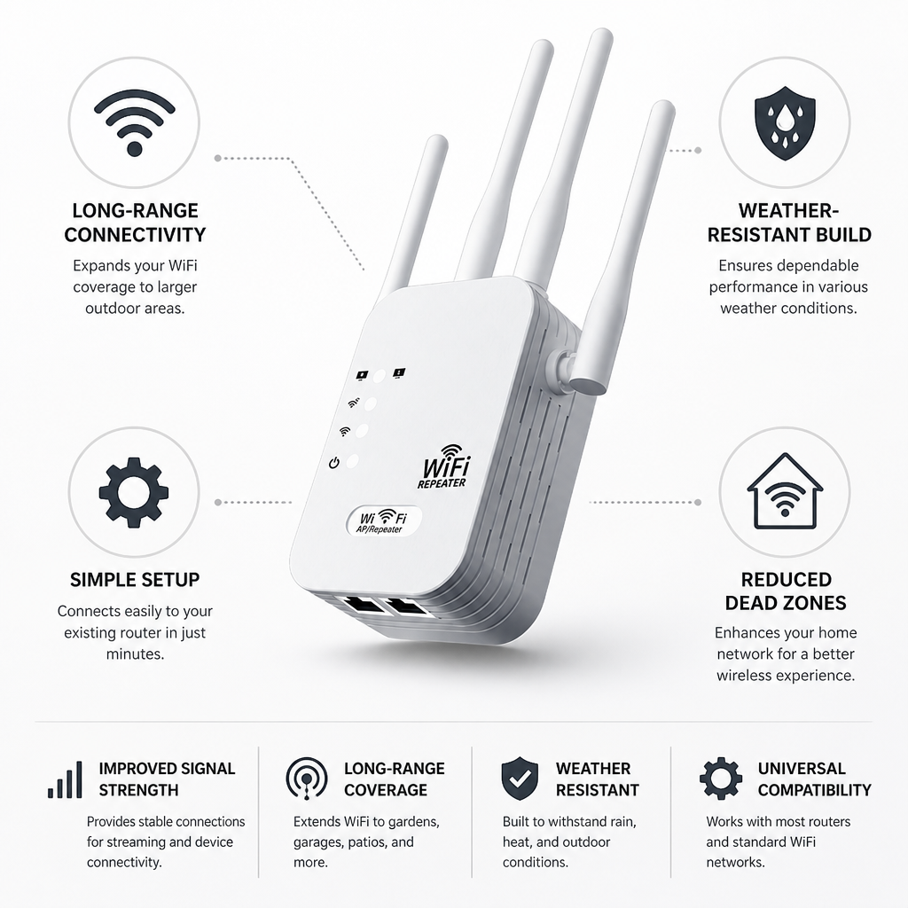 Répéteur WiFi extérieur, prolongateur Internet sans fil double bande 1200 Mbit/s, répéteur WiFi longue portée pour jardin et terrasse