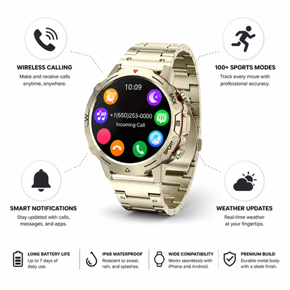 1.39-Inch Touchscreen & Wireless Calling Smartwatch (Gold)