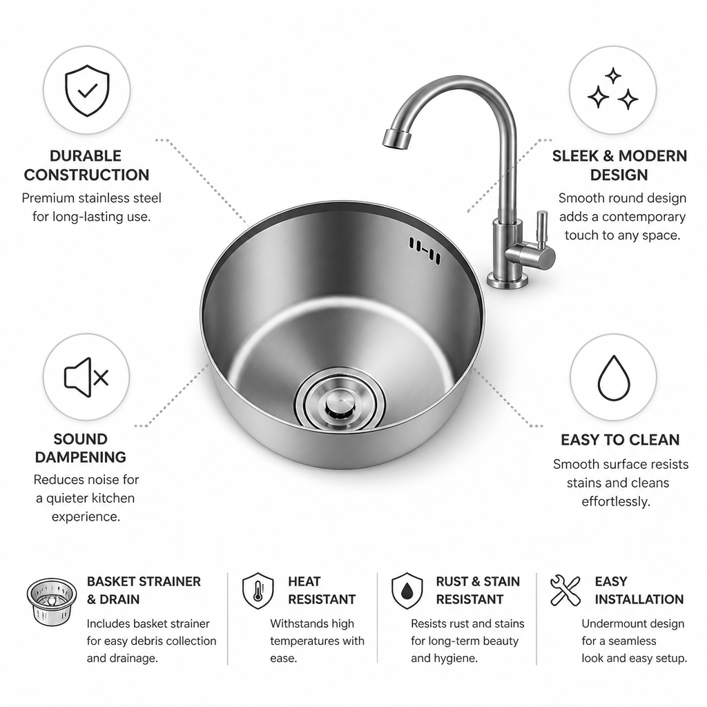 Évier de cuisine encastrable haut de gamme | Bac simple en acier inoxydable avec finition résistante à la chaleur | Design durable pour une esthétique de cuisine améliorée