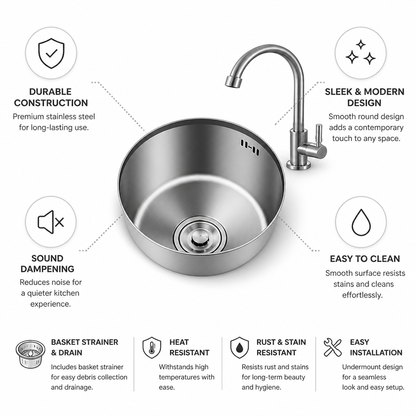 Évier de cuisine encastrable haut de gamme | Bac simple en acier inoxydable avec finition résistante à la chaleur | Design durable pour une esthétique de cuisine améliorée