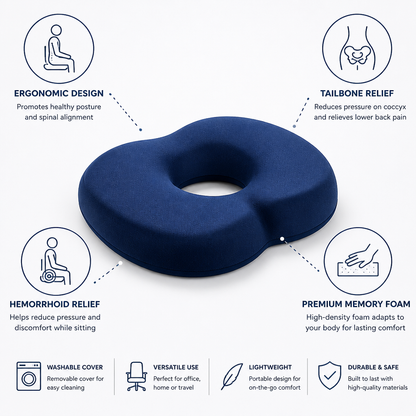 Comfort Cushion | Memory Foam Seat Cushion with Washable Cover | Tailbone Relief for Extended Sitting