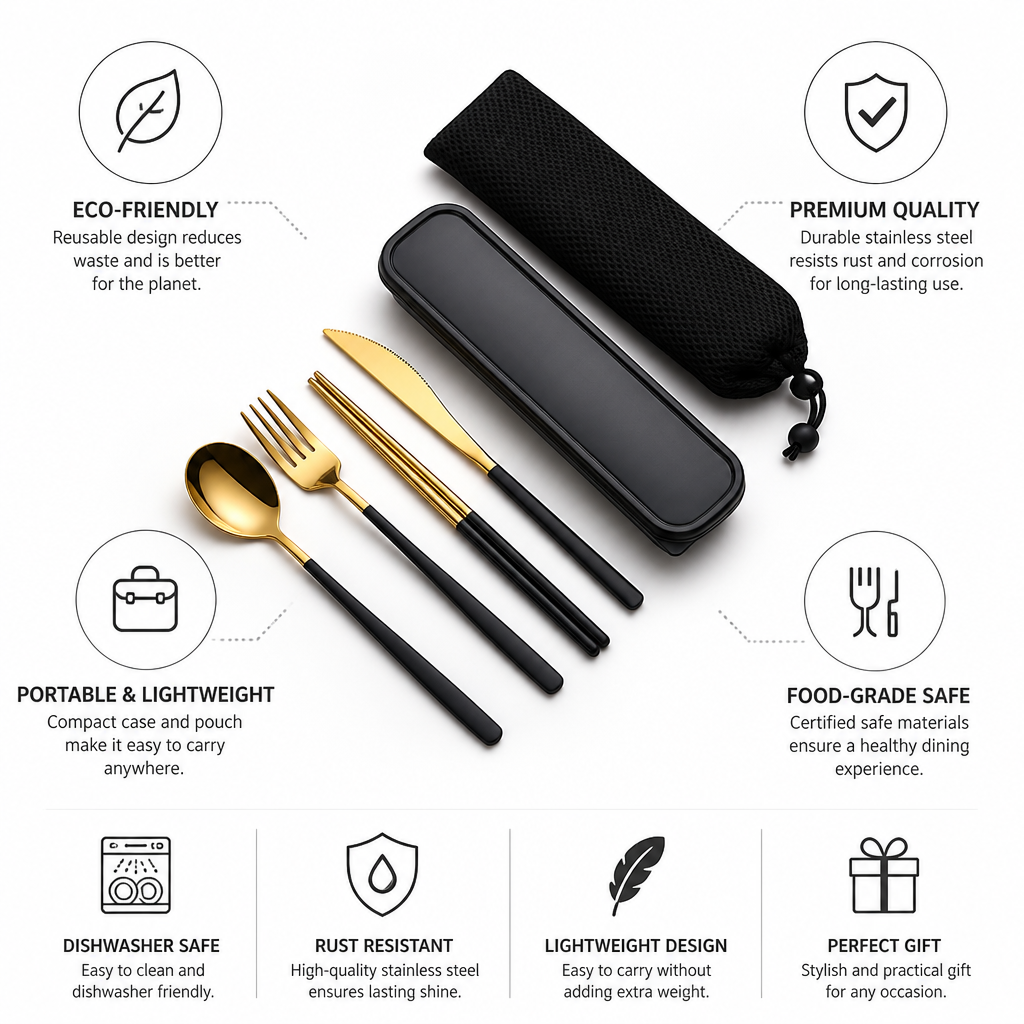 Ensemble de couverts portables écologiques avec ustensiles en acier inoxydable | Design compact pour une alimentation durable