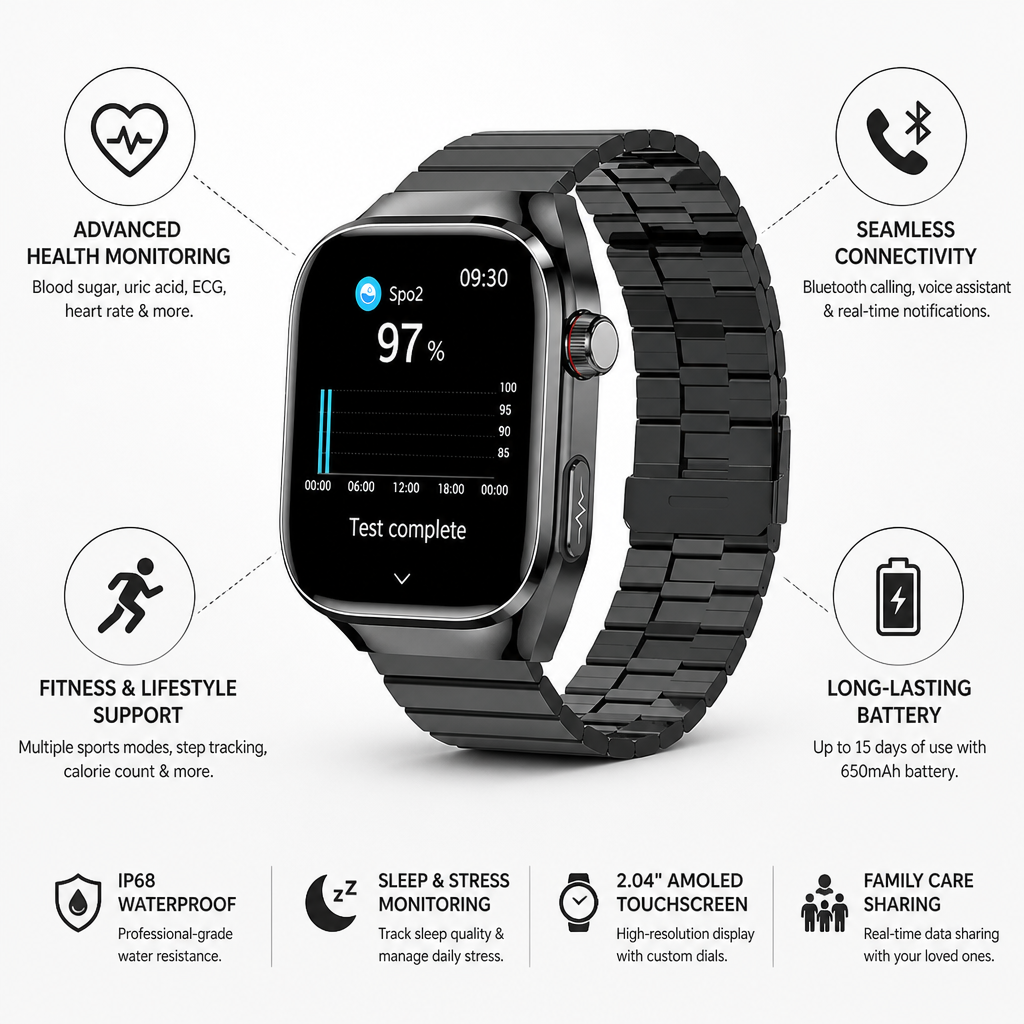 Suivi de santé | Montre connectée avec surveillance de la glycémie et ECG | Écran tactile AMOLED pour un bien-être complet