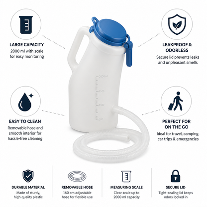 Compagnon de voyage | Urinoir portable avec tuyau amovible et capacité de 2 L | Idéal pour le camping et les aventures en plein air