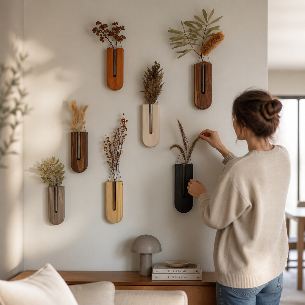 Natural Pine & Glass-Tube Wall Vases (Set of 7)