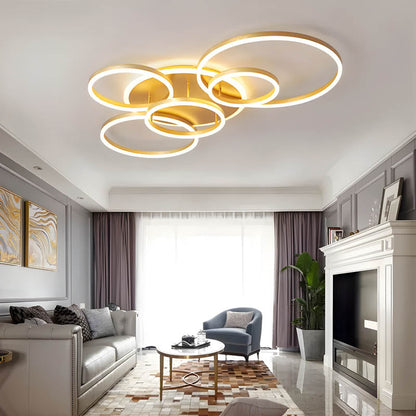 Plafonnier LED multi-anneaux en aluminium noir, 39 po, luminaire contemporain pour chambre, salon et salle à manger, éclairage intégré