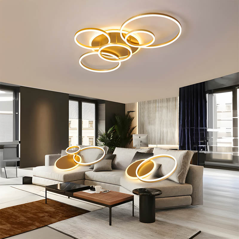 Plafonnier LED multi-anneaux en aluminium noir, 39 po, luminaire contemporain pour chambre, salon et salle à manger, éclairage intégré